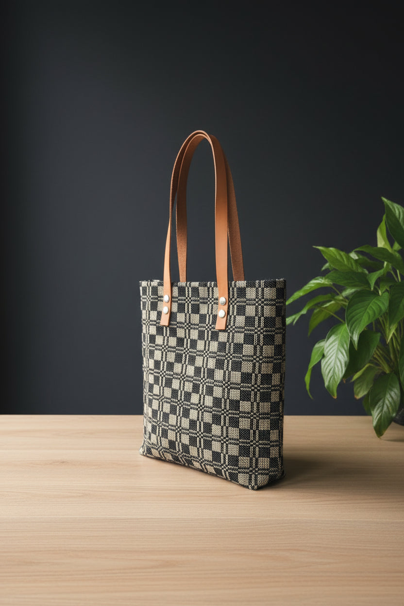 Black and white checkered bag with brown handle on a white surface