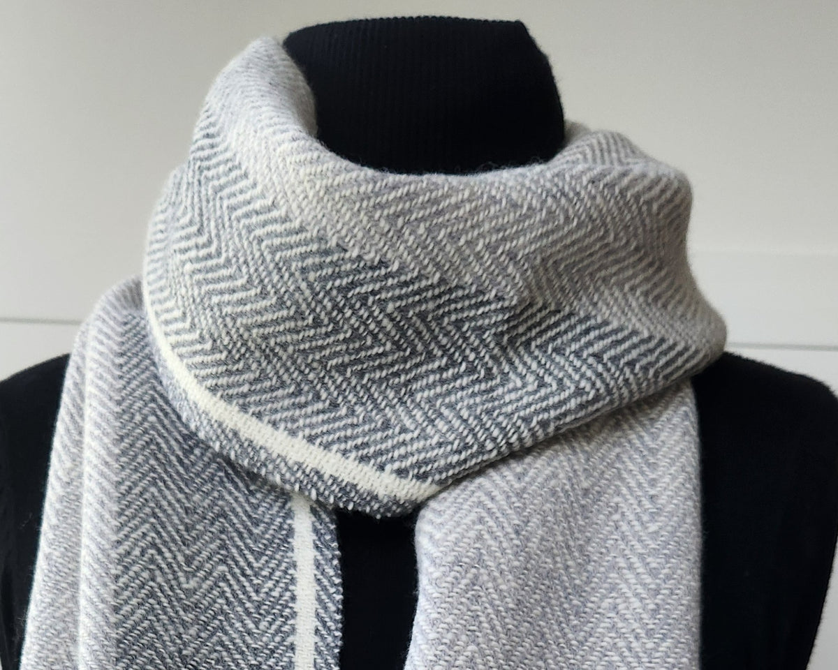 Ultra-soft Handwoven Merino Lambswool Scarf in Timeless Grey Herringbone
