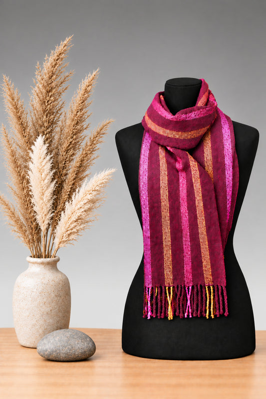 Handwoven Merino Wool Scarf with Silk Accent Stripes